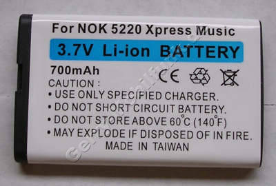 Akku Nokia 5220 Xpress Music Li-Ion 1100mAh 4,1Wh 5,6mm Akku vom Markenhersteller mit 12 Monaten Garantie, nicht original Nokia (entspricht BL-5CT)