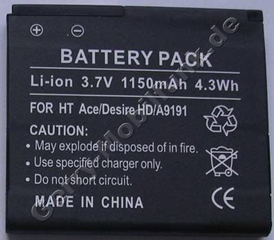 Akku für HTC Desire HD LiIon 3,7V 1250mAh 4,6Wh 5,3mm dick ca.26g (Akku vom Markenhersteller, nicht original) entspricht  35H00141-02M, BA S470